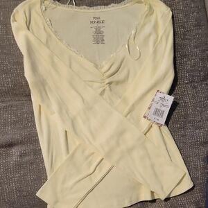 Pink Republic Soft Pale Yellow Lace-Trim V-Neck Top